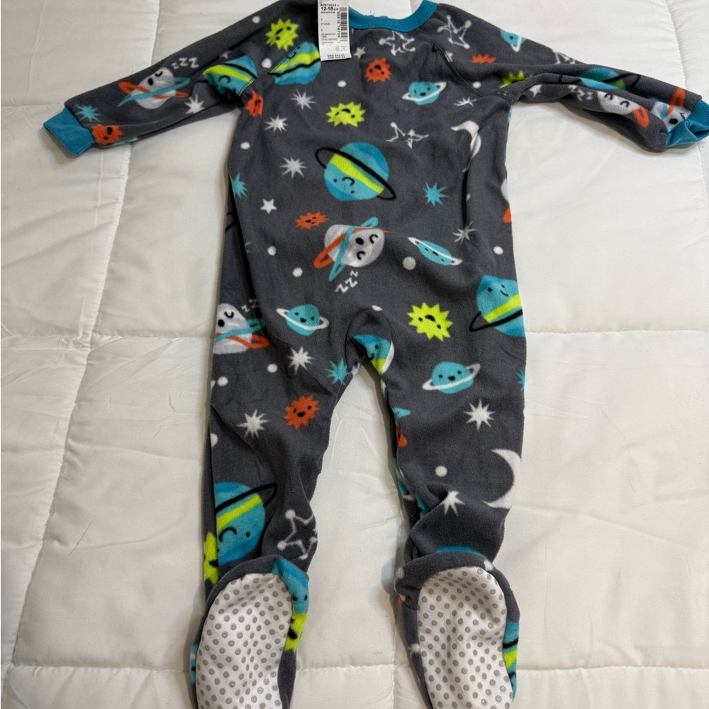 Unbranded Kids' Gray Space-Print Fleece Footed One-Piece Pajamas